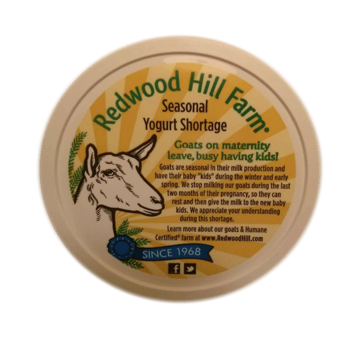 Photo of lid from Redwood Hills Farm yoghurt container